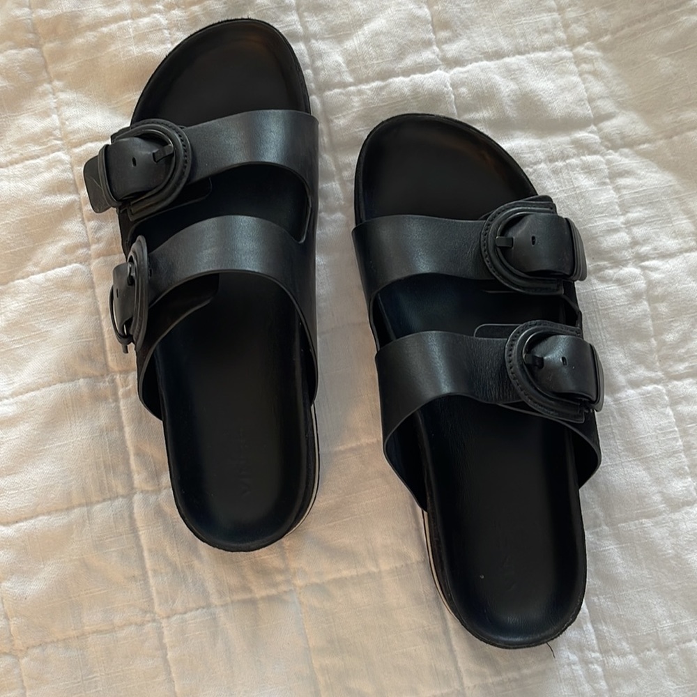 Vince Glyn dual buckle slide sandals black leather & suede size 10